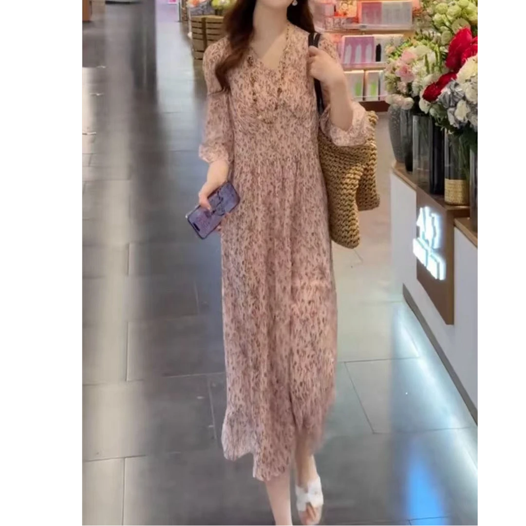 桑蚕丝高级感法式气质印花连衣裙2025宽松显瘦时尚碎花两件套A386