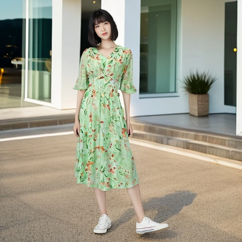 夏季新款V领印花小清新收腰显瘦连衣裙T142