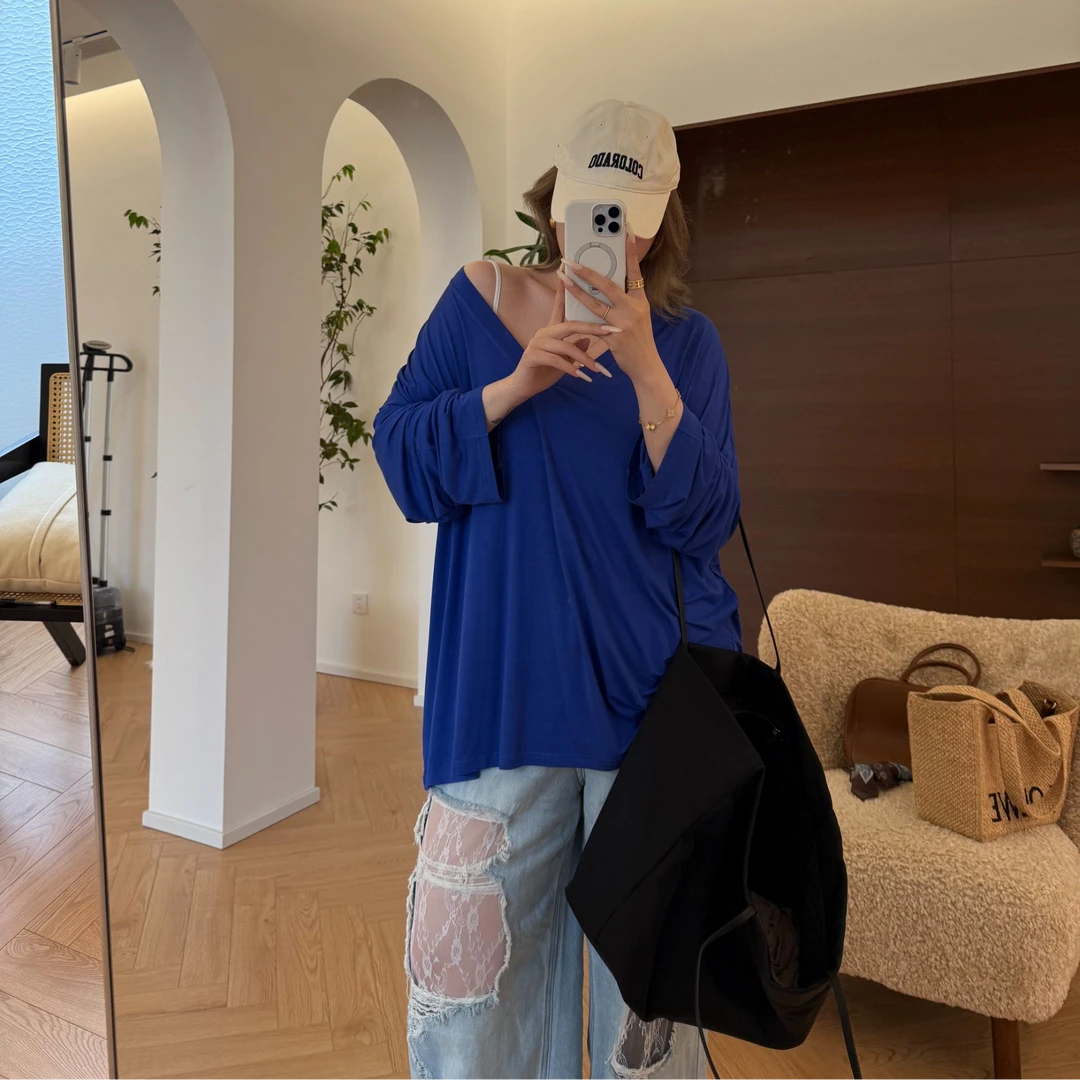 【瘦瘦】大码夏季纯色大V领清凉休闲百搭大版长袖T恤S01397