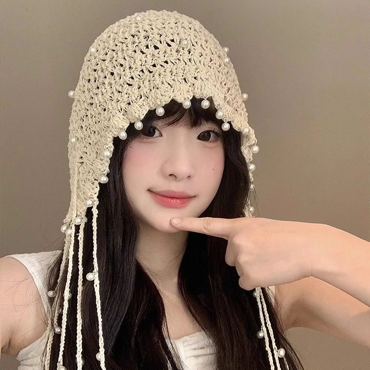 女包头帽手工钩织镂空针织帽防晒遮阳时尚夏季珍珠甜美城市游牧风