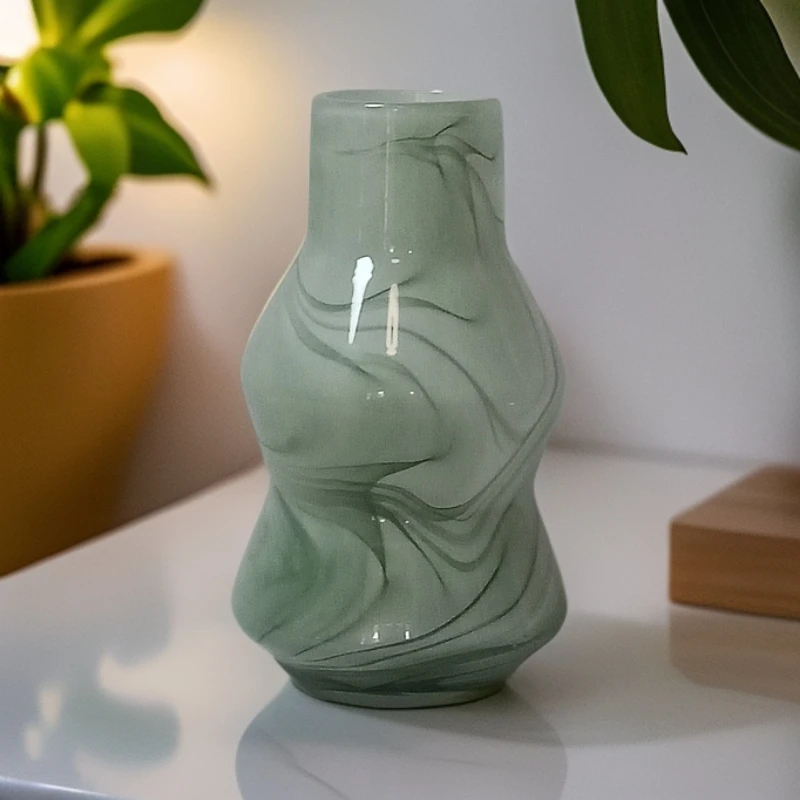 158绿色水墨画几何玻璃花瓶小号高23口7