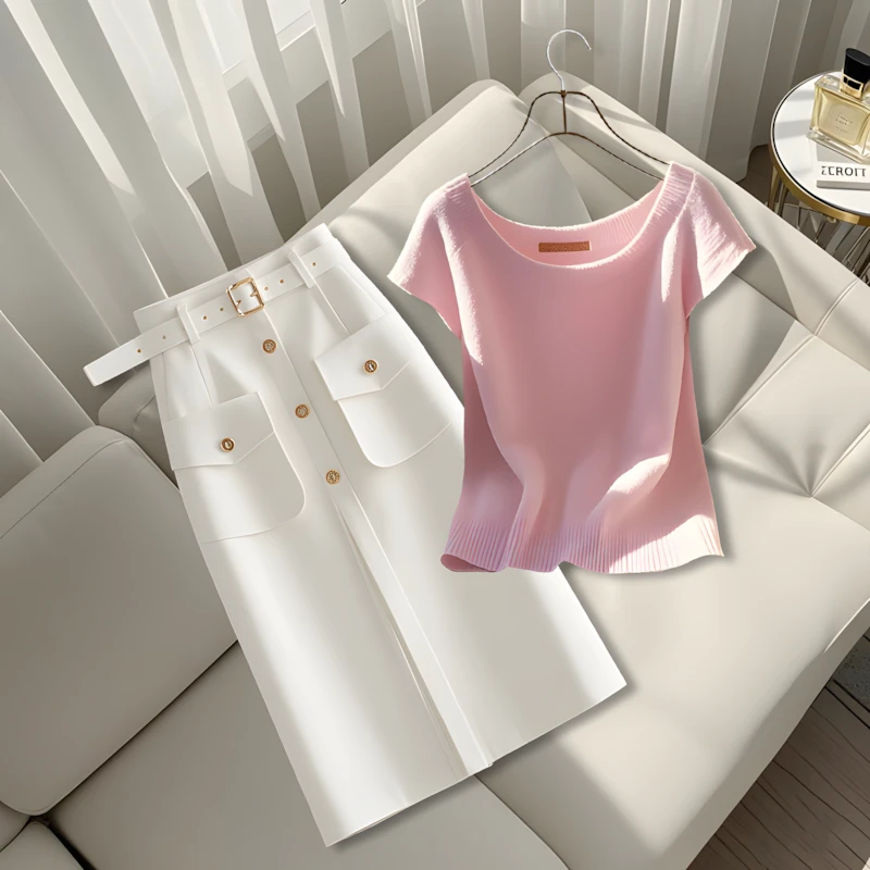 高级感小个子通勤垂坠感白色收腰半身裙极简浅粉T恤上衣两件套女