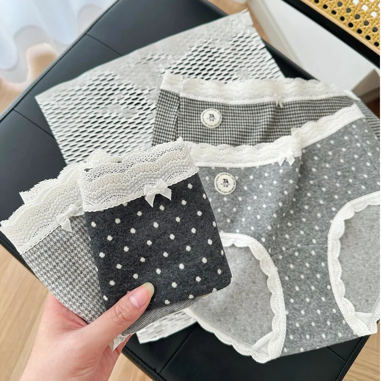 软糯法式时尚千鸟格蕾丝拼接内裤9146