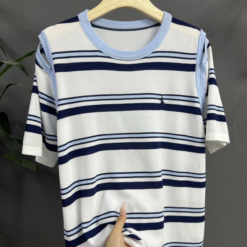 （货号049）冰丝短袖女夏季薄款条纹毛针织衫宽松时尚独特漂亮小衫