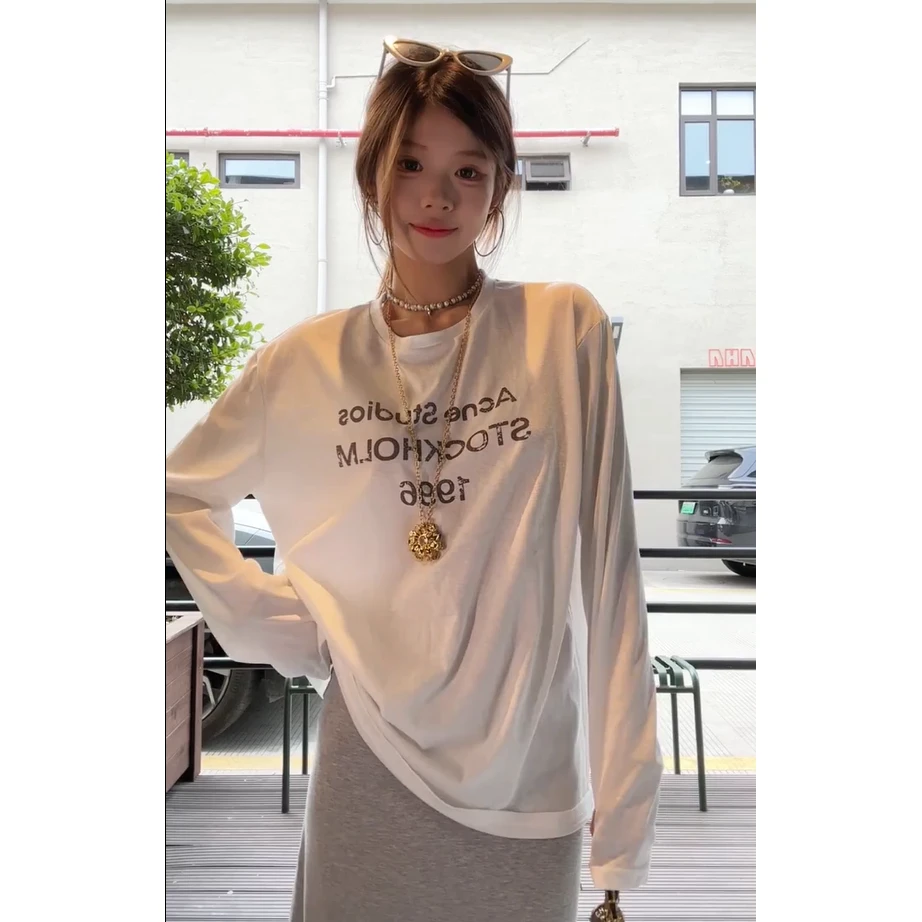 美式复古字母白色长袖T恤女夏季宽松防晒衫罩衫上衣半身裙套装