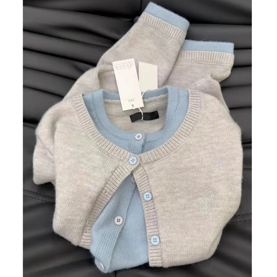 24年新款假两件撞色针织开衫韩系时尚百搭加厚纽扣毛衣外套