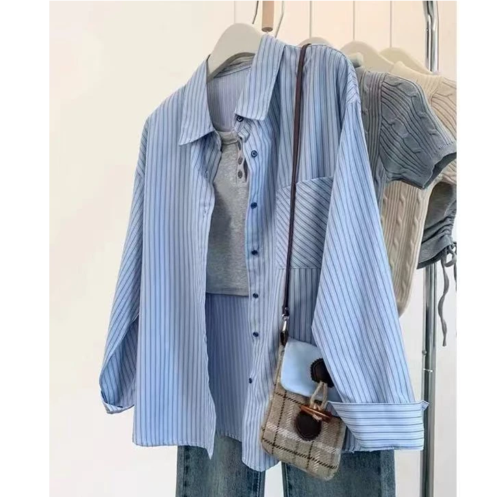 2025秋冬新款条纹衬衫女长袖宽松女士衬衣
