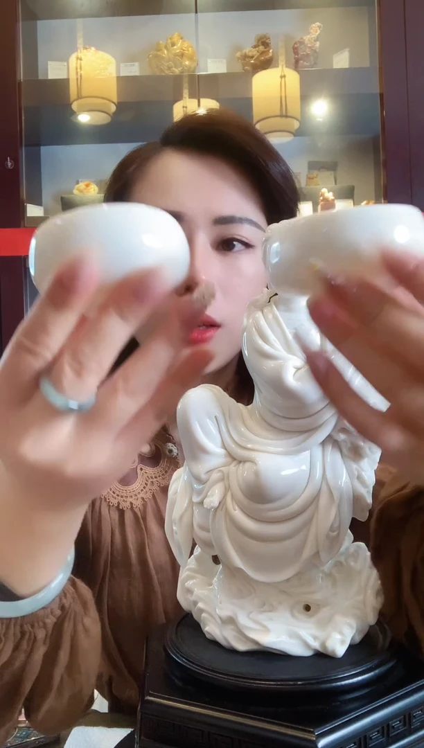 摆件德化白瓷 羊脂玉禅定杯一对