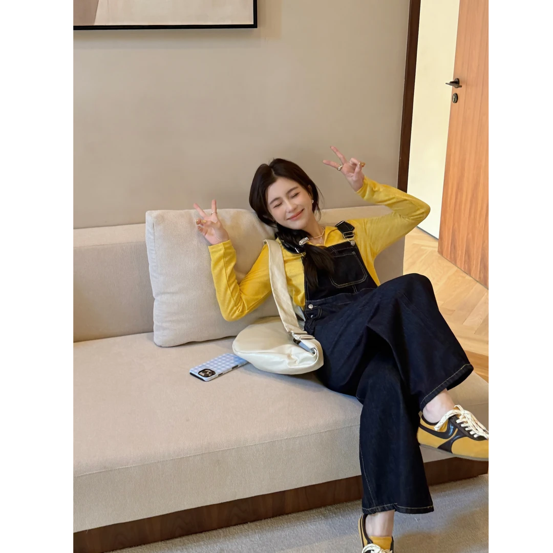 YPP！【雅痞女孩】特色丹宁蓝复古韩版休闲显瘦藏肉背带裤牛仔裤