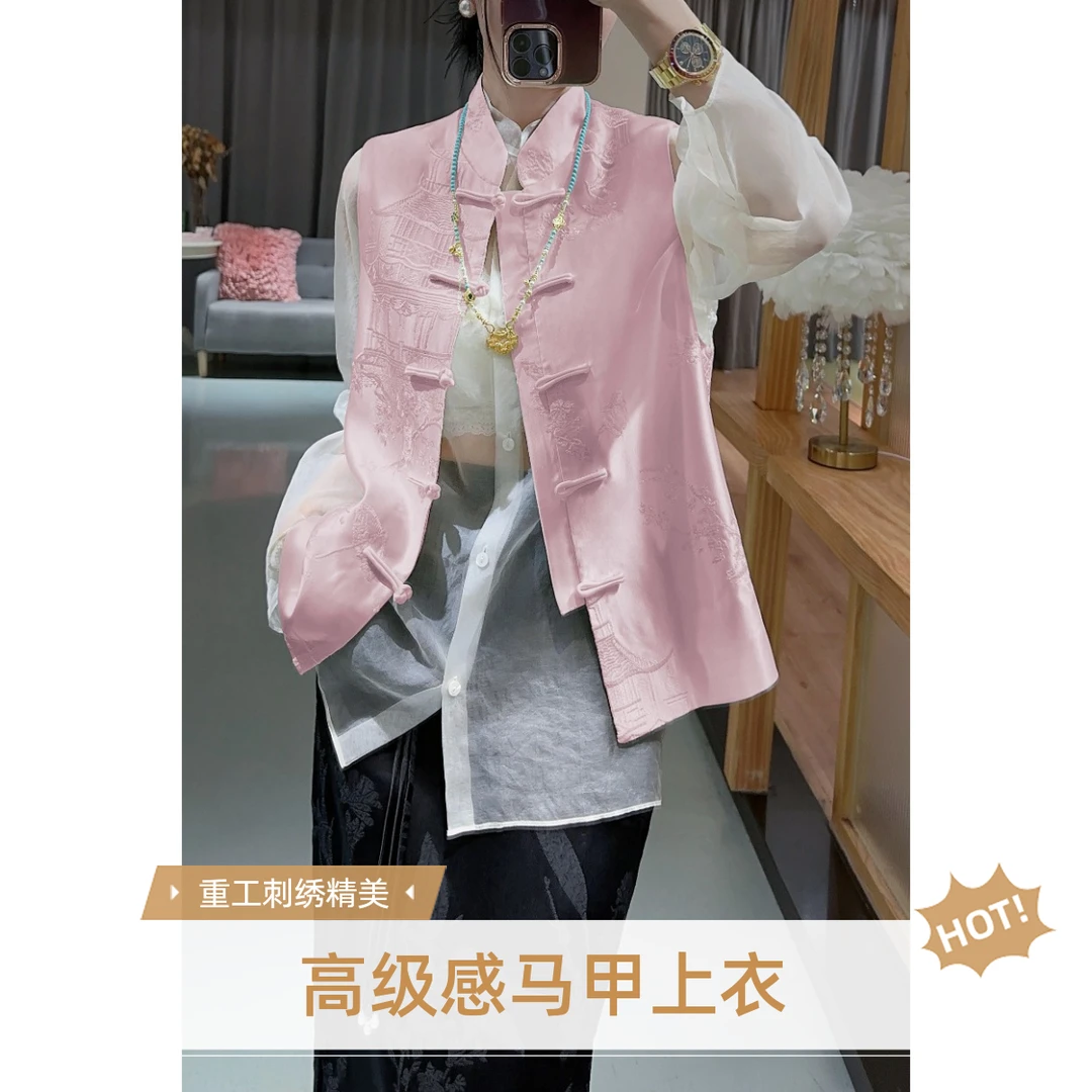 重工刺绣工艺春款高级感国风中国风外套女款亭台楼阁砍肩马甲上衣
