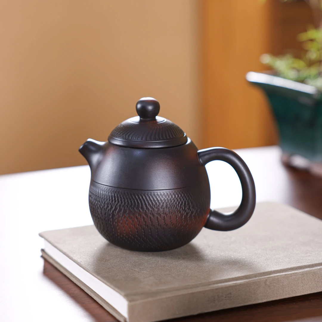 紫陶建水茶壶跳刀刻纹石瓢龙蛋单壶高档家用泡茶功夫茶具复古茶壶