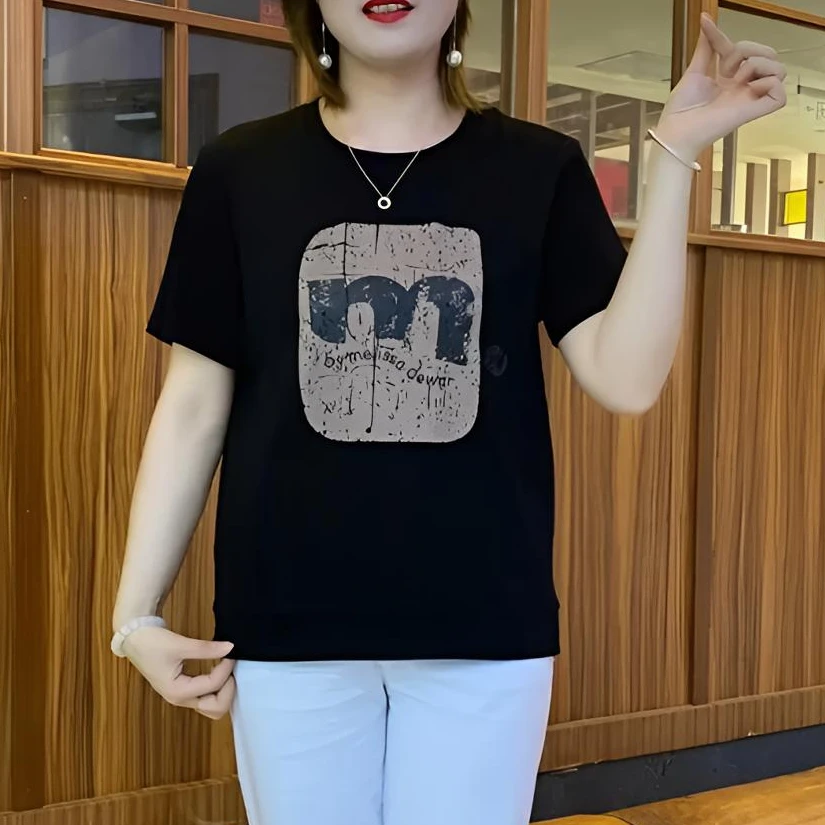 夏季短袖休闲风潮流透气简约百搭常规T恤圆领纯色印花大码妈妈装