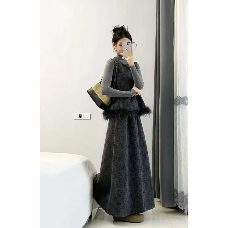 2025秋冬新款韩系复古小香风毛呢马甲打底衫搭配半身裙气质三件套