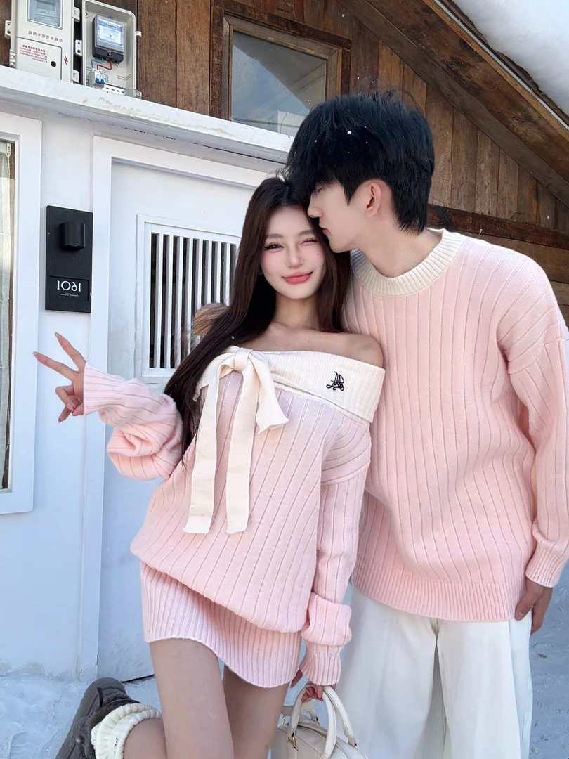 情侣装秋冬高腰长袖连衣裙蝴蝶刺绣休闲露肩款毛针织衫潮