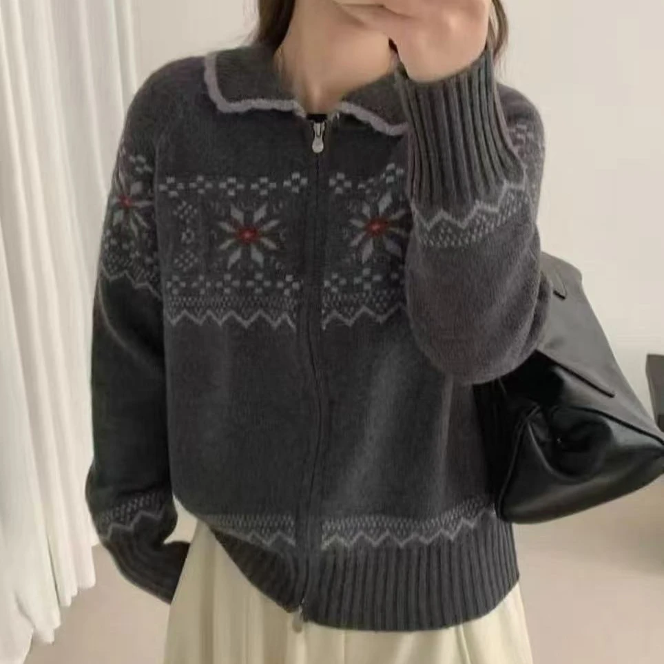 182#新款费尔岛提花翻领拉链宽松长袖开衫