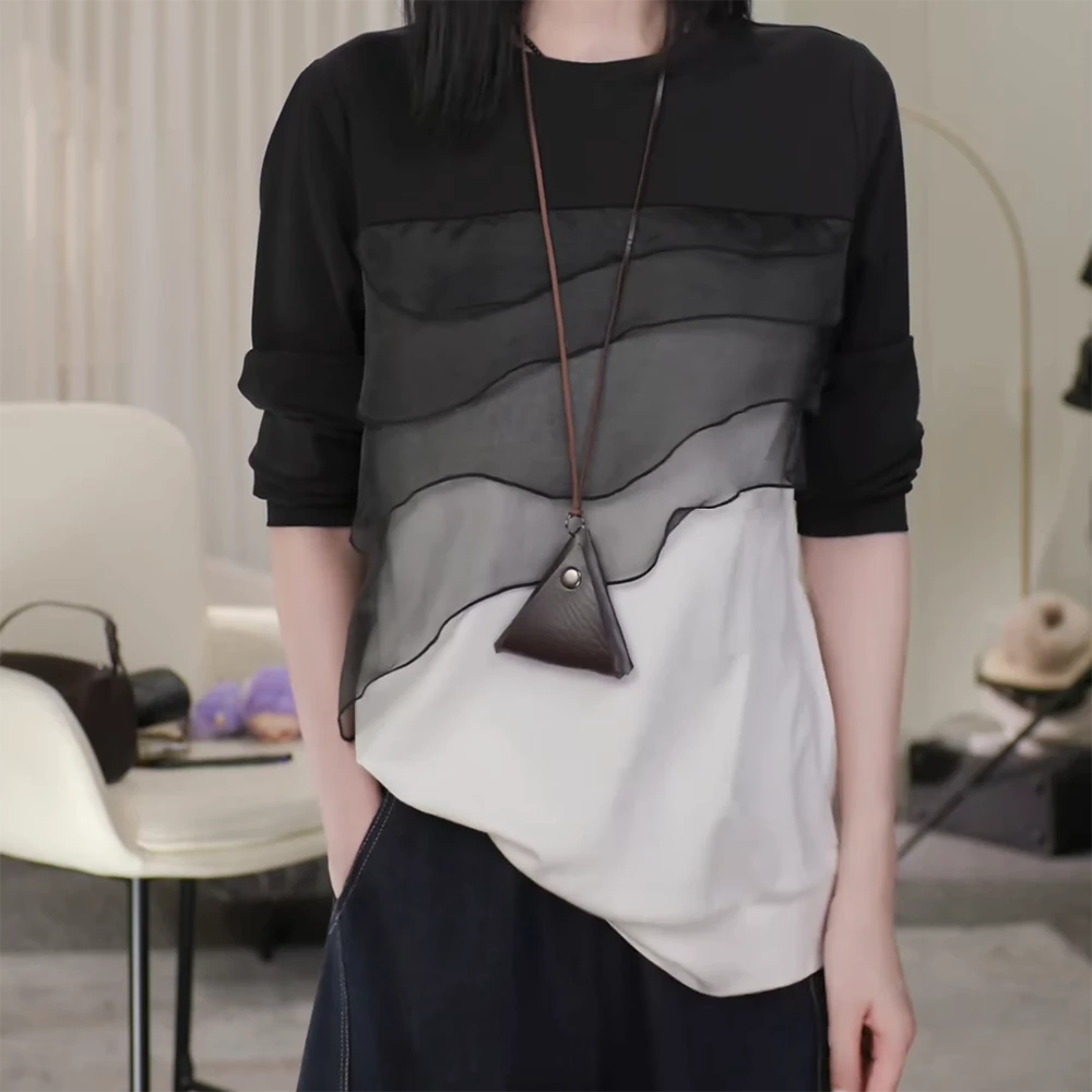 秋季撞色时尚百搭女款2025新款休闲外穿T恤上衣C6035
