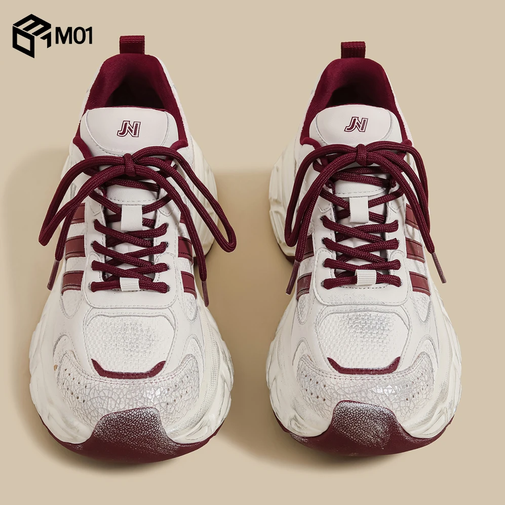 M01秋冬季新款厚底老爹鞋女红色条纹炸街做旧运动潮鞋脏脏阿甘鞋