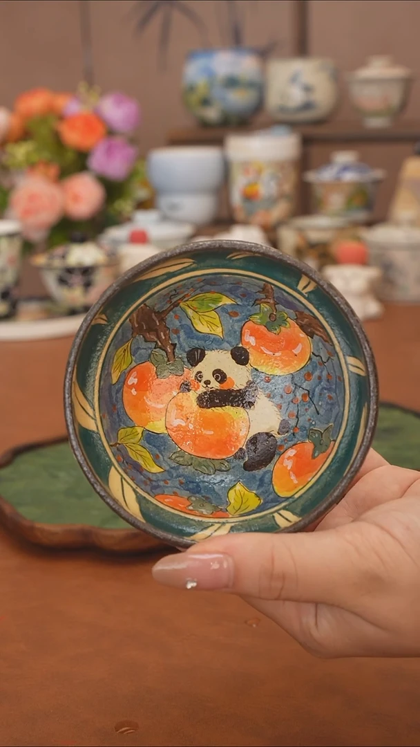 迷糊  熊猫抱柿子普洱杯