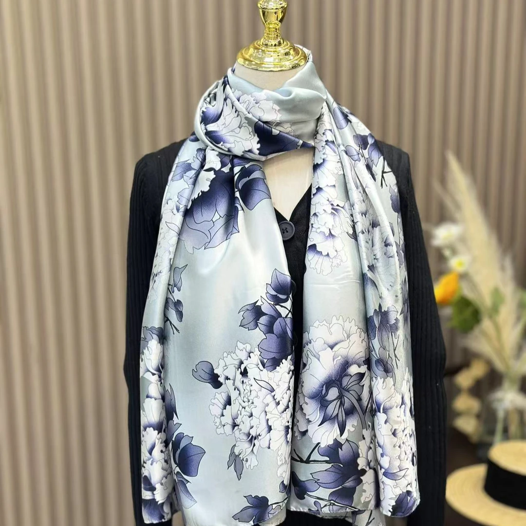 【淡雅牡丹】A175*75香云缎 时尚高端气质印花长巾