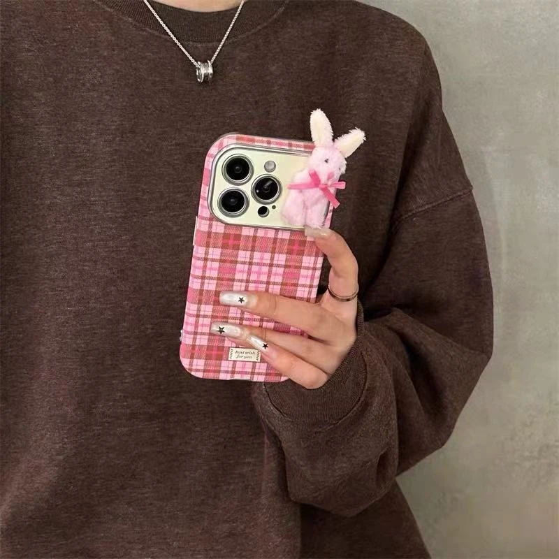 皮质格纹兔子适用iPhone17promax时尚苹果16手机壳可爱15少女心14