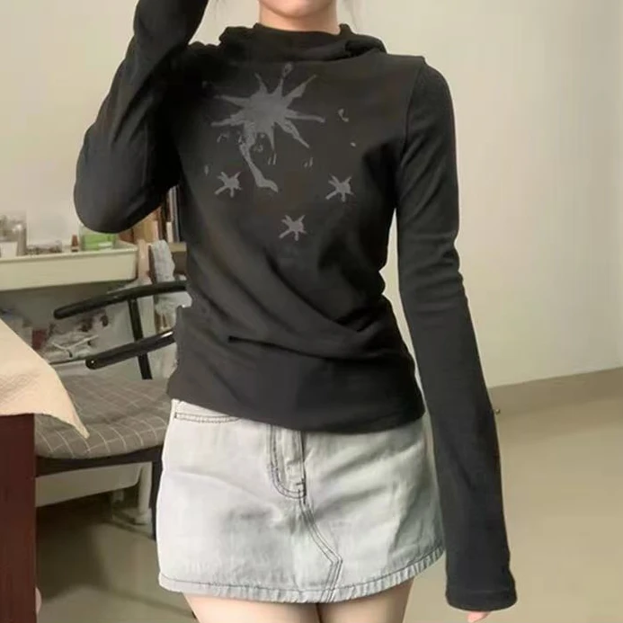 美式复古连帽长袖T恤女秋季新款设计感小众修身显瘦百搭上衣