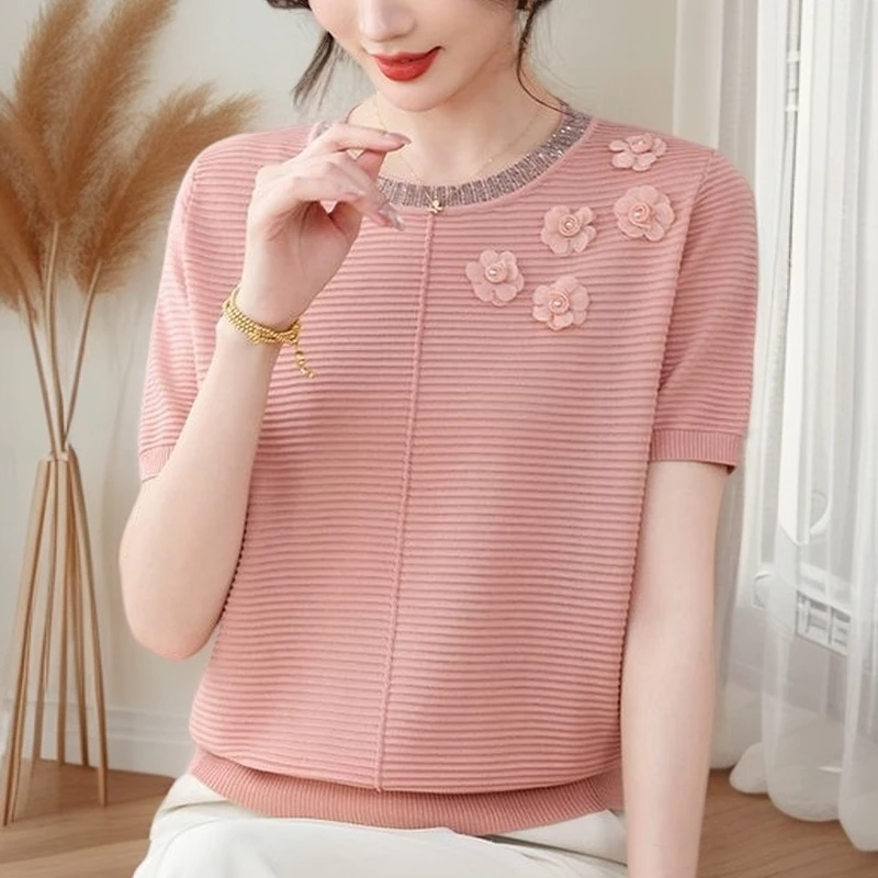 花朵设计感针织衫短袖上衣妈妈装冰丝打底夏装t恤小衫