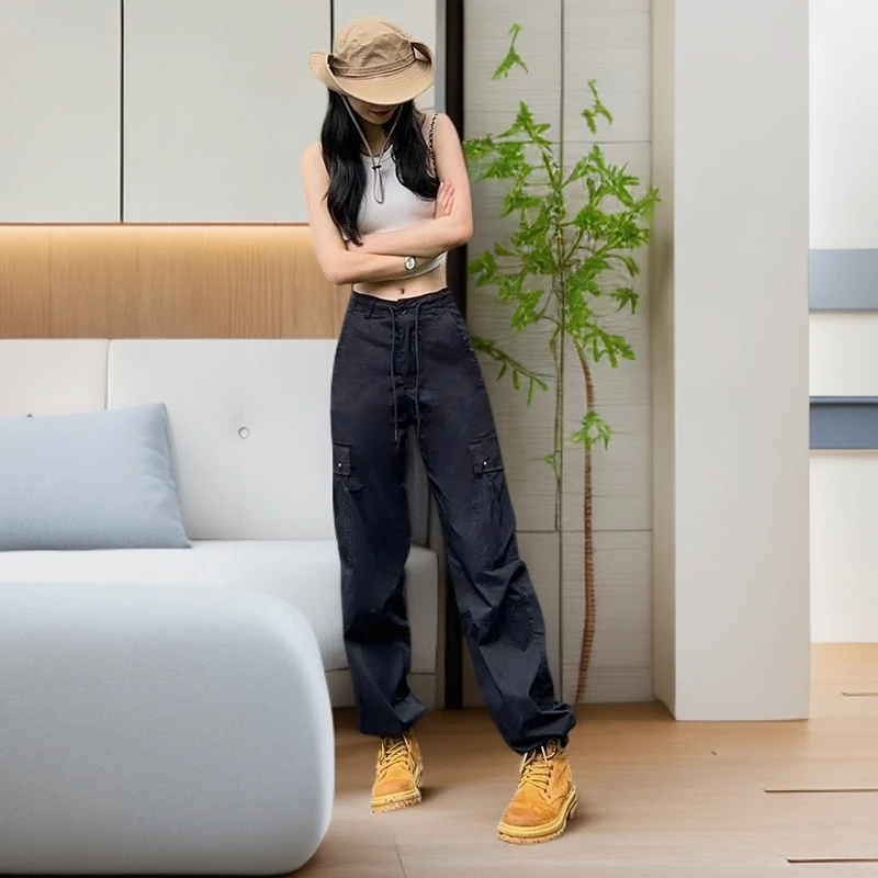 2025户外登山夏季美式直筒复古阔腿裤宽松女装薄款高腰工装裤时尚