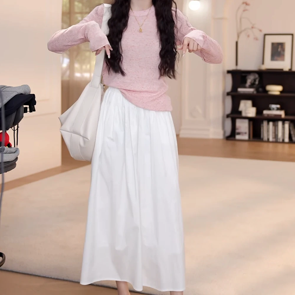 2025春夏洋气气质套装女彩点花纱针织长袖上衣白色半身裙两件套