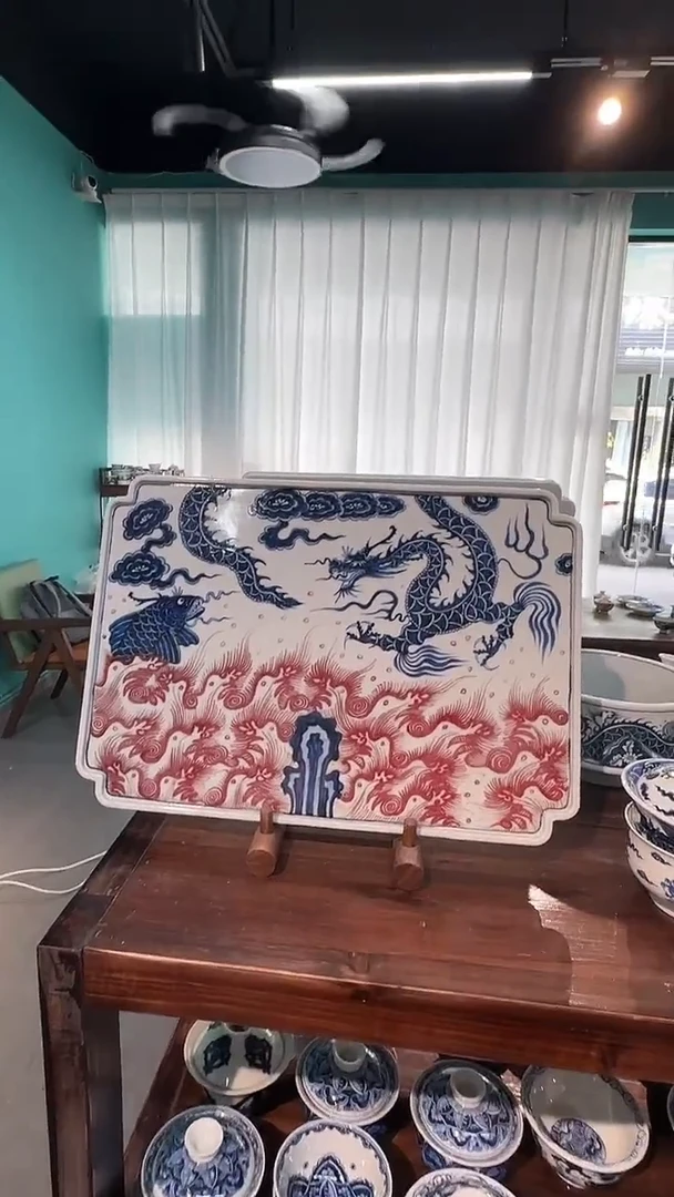 【初谨】青花釉里红龙纹壶承-微瑕