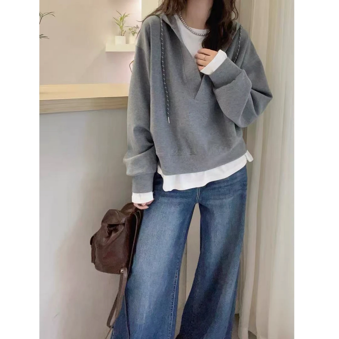 欧洲站2025早秋新款欧货连帽抽绳拼接假两件卫衣女宽松休闲上衣潮