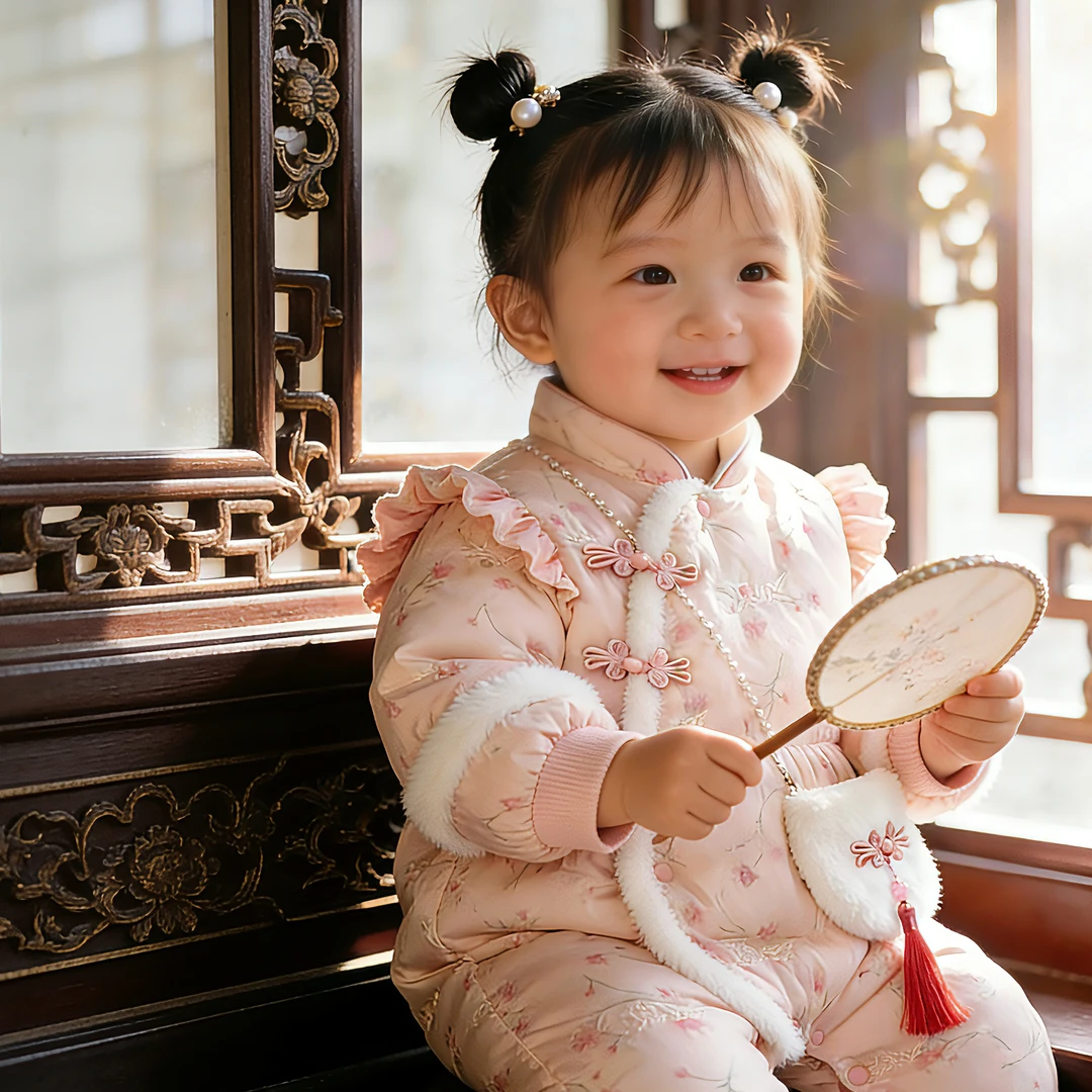 中式女爬服冬季哈衣女童宝宝婴儿棉袄加厚外出服满月百天周岁礼服