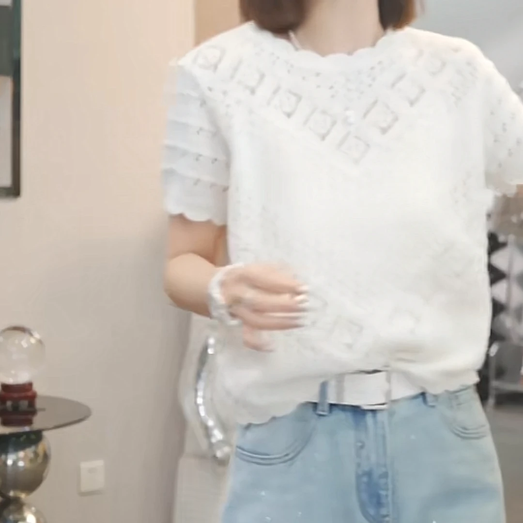 设计感镂空重工短袖毛衣女2025春季新款时尚气质纯色针织衫上衣