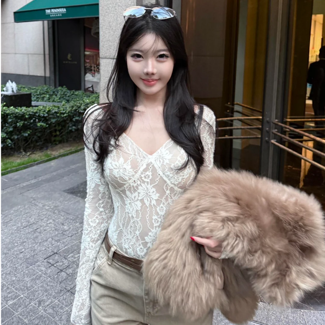 性感辣妹蕾丝长袖修身上衣洋气休闲百搭套头外穿宽松长裤时尚套装
