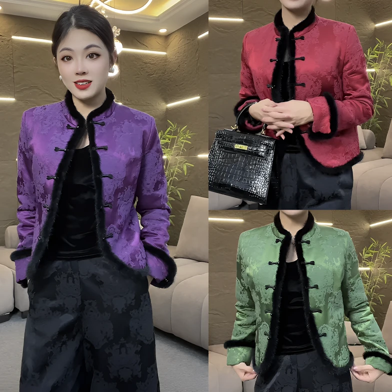 秋冬新中式盘扣立领锦缎提花拼毛加棉外套