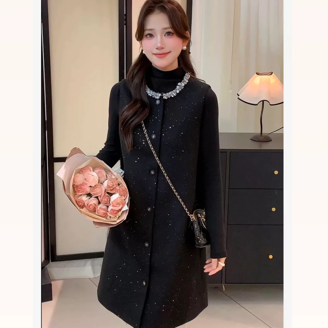 法式高品质小香风套装裙新款时尚气质钉珠马甲连衣裙打底衫两件套