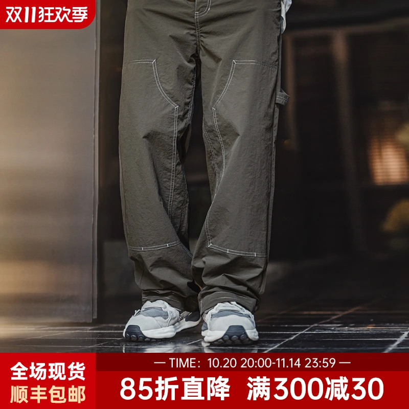 马登工装轻美式休闲双膝伐木裤肌理感薄款垂感军绿色长裤子男夏秋