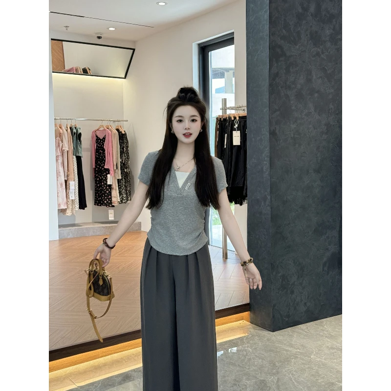 宿慕SUMU 夏季假两件短袖T恤2025新5-18新款韩版百搭V领上衣1197