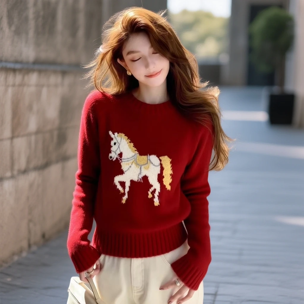 红色白马印花软糯针织衫毛衣女秋冬新款绝美巨好看圣诞穿搭上衣
