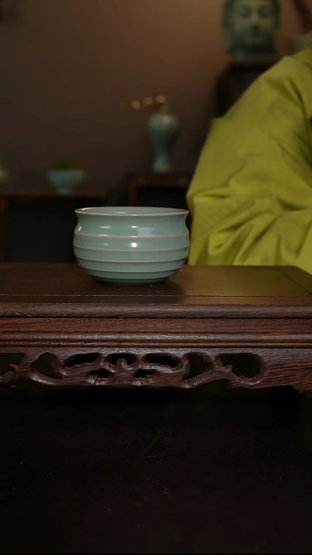 摆件瓷仿古手工军绿炫纹杯