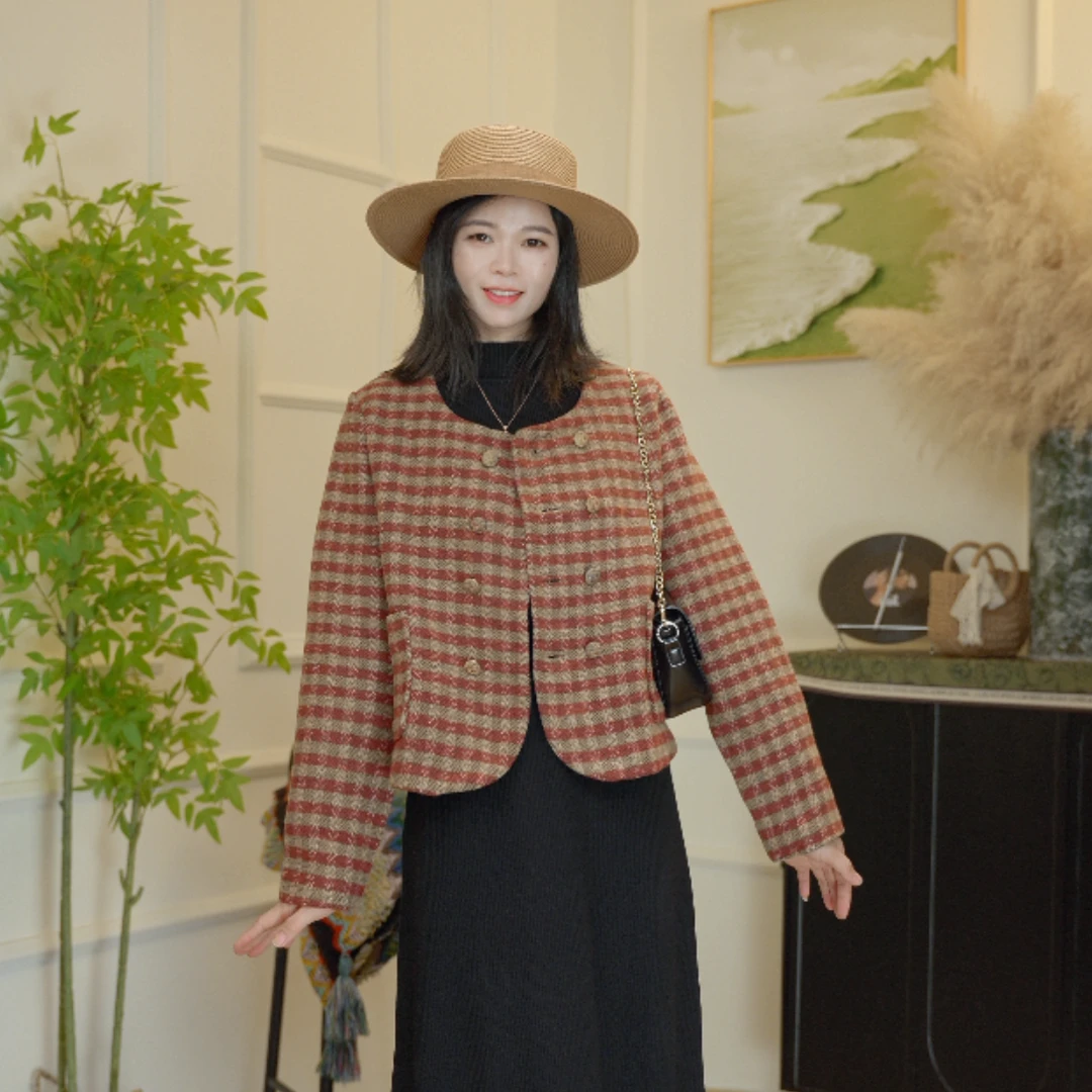 女小香风格子纽扣防风常规短外套秋季千鸟格短款格纹气质时尚百搭
