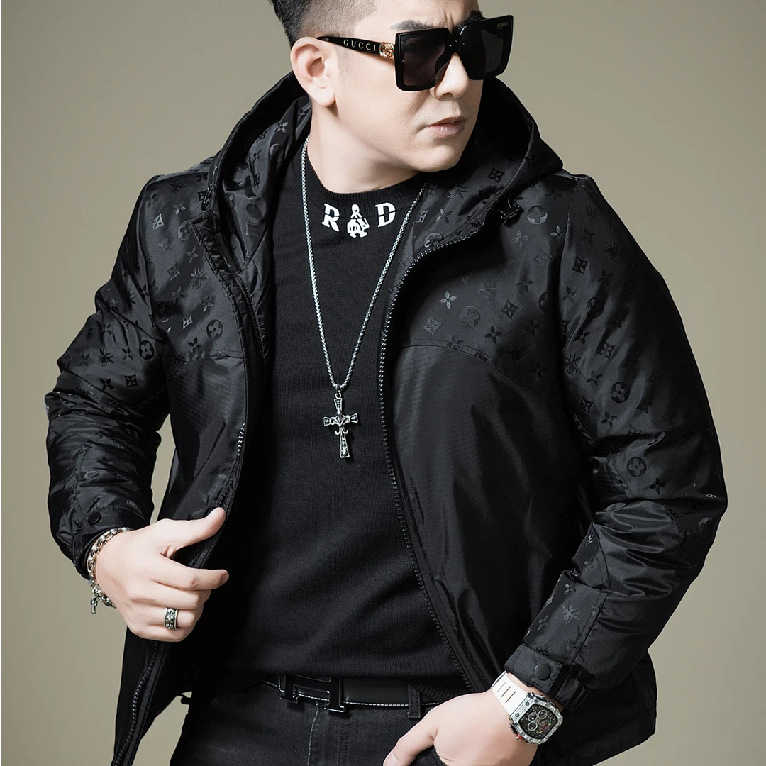 斯里卡琪欧货潮流提花轻薄连帽羽绒服男士2025新款冬季白鸭绒潮牌