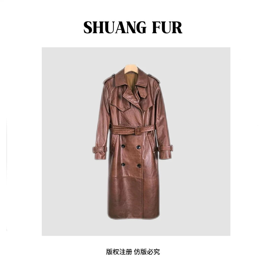 【艺洋穿搭】杨树林秋季长款油蜡牛皮复古收腰气质女人皮衣外套