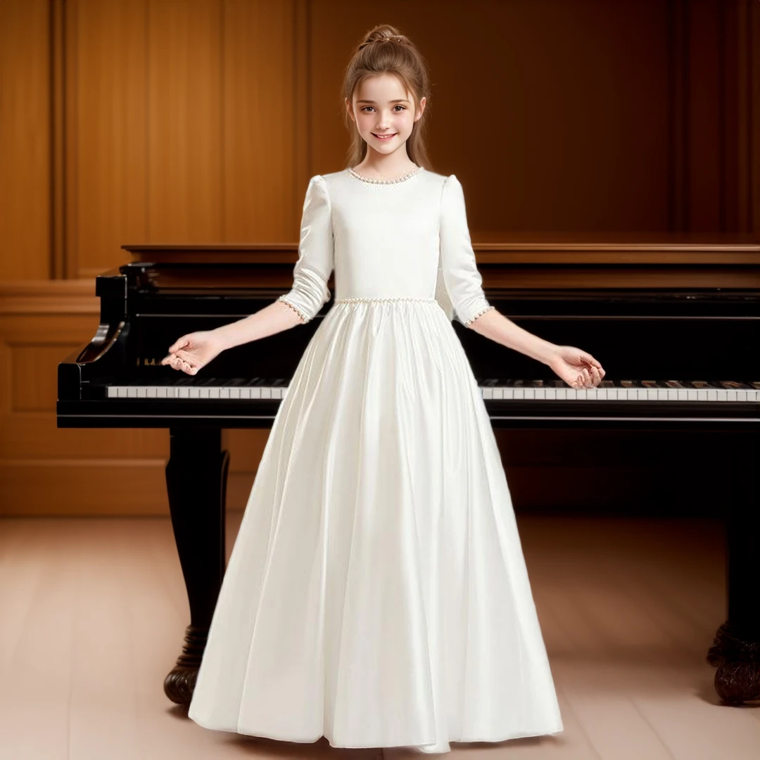 女童晚礼服裙白色订制儿童生日花童婚礼女孩走秀钢琴演奏公主裙子