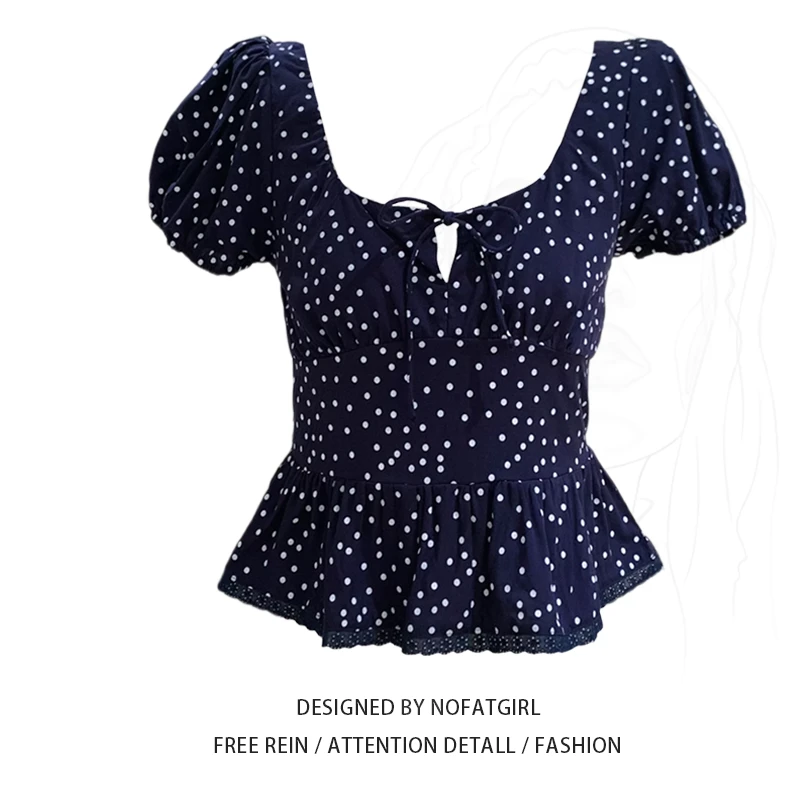 大码胖MM韩版波点一字肩系带短袖上衣2025夏新款时尚收腰显瘦小衫