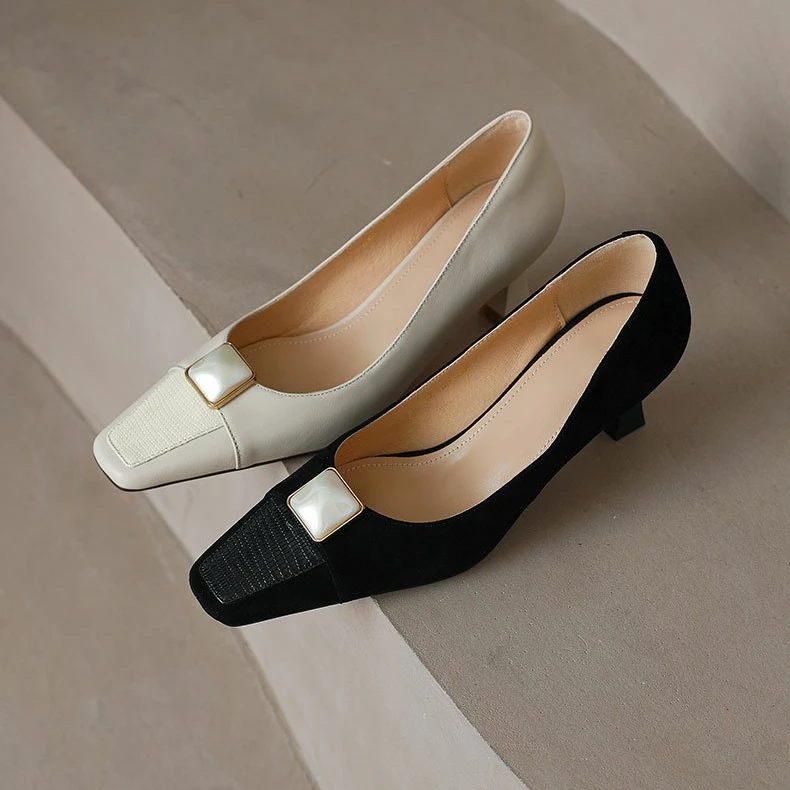 牛皮法式真皮浅口单鞋女一脚蹬女鞋米白色通勤细跟气质高跟鞋新款