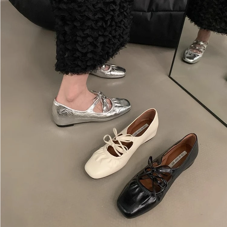 【娜菲专属】法式银色内增高浅口单鞋女平底蝴蝶结一脚蹬玛丽珍鞋