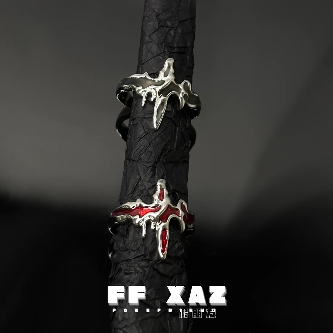 合金戒指 FF假朋友丨小众设计黑红滴胶高级男女熔流开口情侣对戒