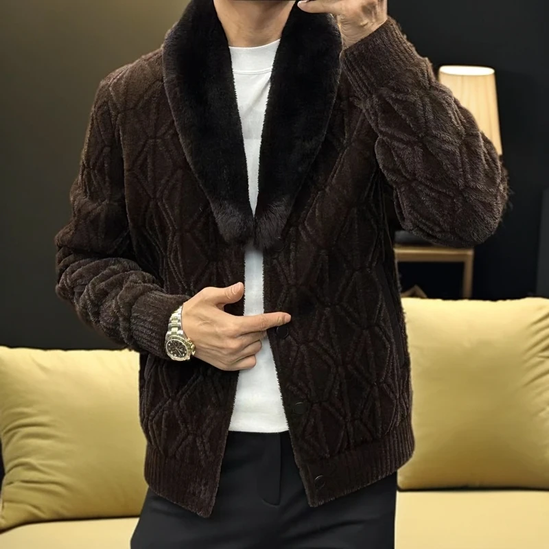 男士冬季鹅绒服加厚短款獭兔毛领羊皮拼接时尚冬天高品质