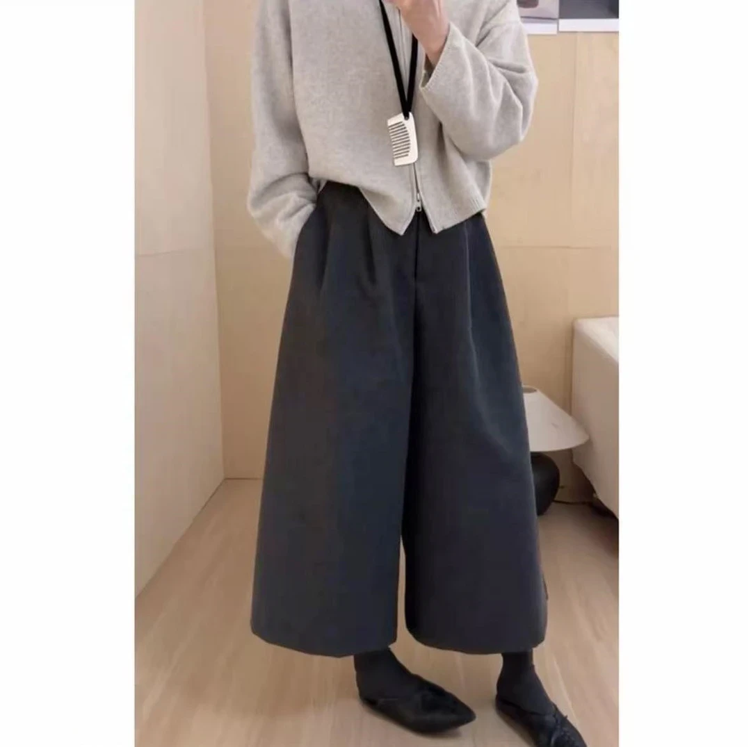 日系毛呢宽松显瘦直筒女秋冬新款时尚高腰百搭休闲裤八分阔腿裤