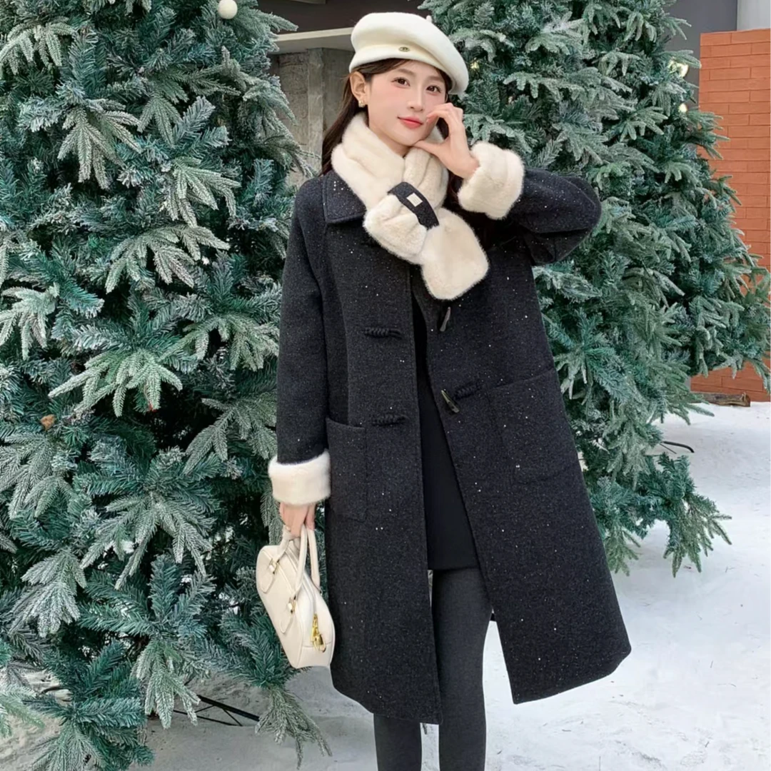 阿悄家  新年款  满天星牛角扣羽绒毛呢大衣（送围巾）#BLG6657